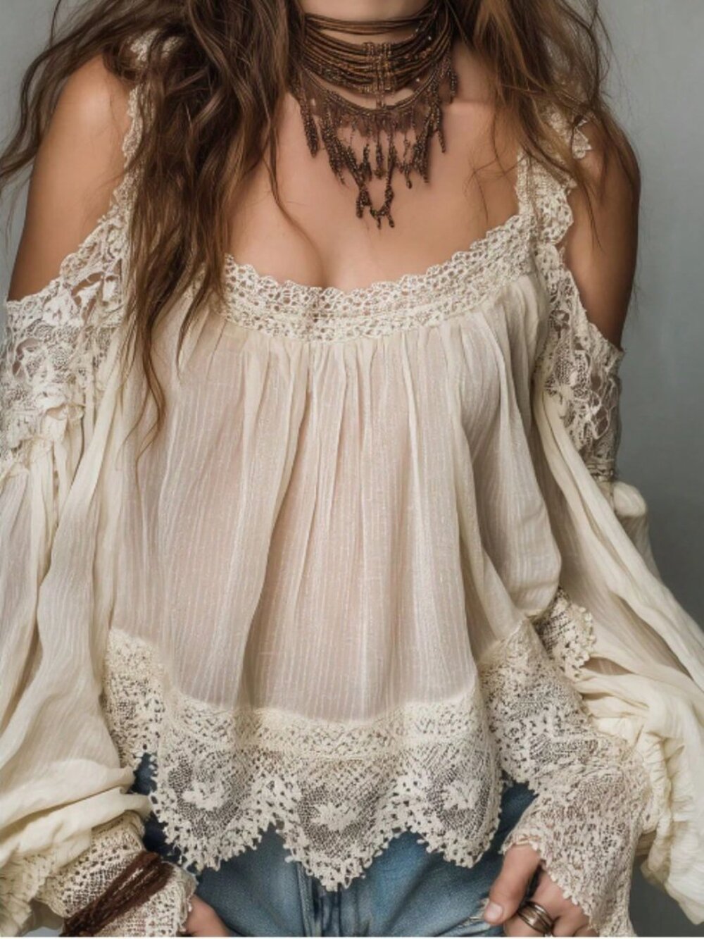 Off White Boho Women's Off Shoulder Lace Trim Chiffon Blouse - Picture 2 of 3